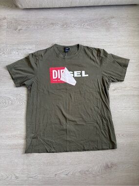 Diesel Olive Green Short-Sleeve Tee with Red & White Logo